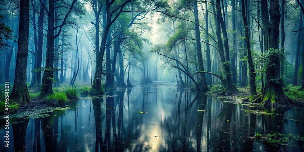 Wall mural dark misty forest swamp nature background with a long shot view