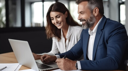 A photo of two business people smiling and working together on a laptop. 