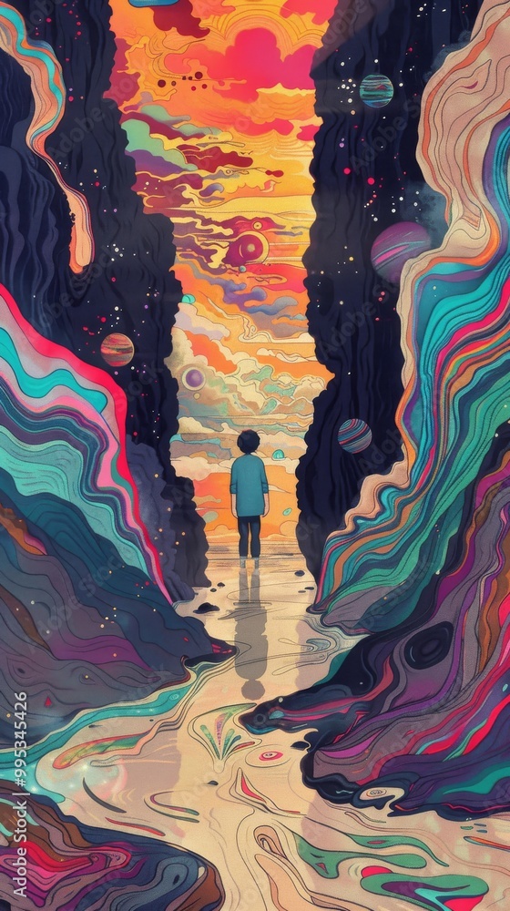 Poster a boy stands in a tunnel with a colorful background