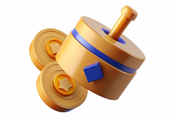 Flat Isolated Hanukkah Spinning Dreidel with Gold Coins - Perfect for Educational Infographics on Hanukkah Traditions and Games, Medium Shot with Motion Blur