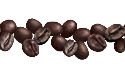 Roasted coffee tree beans, seamless horizontal border. Digital watercolor illustration. Scattered coffee beans isolated on a white background. Roasted fragrant coffee beans lie in a pile