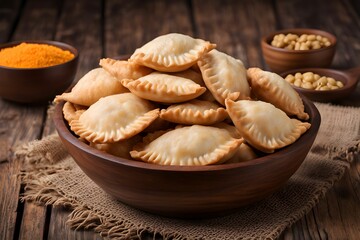 sweet gujiya bowl on the wooden table
