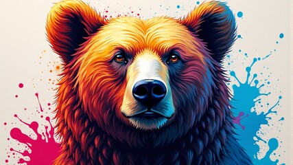 a drawing of a bear with a black nose on a red-blue-white background.