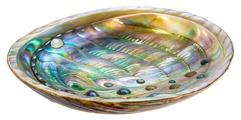 Delicate translucent abalone shell fragment on white background