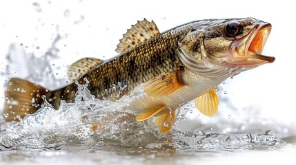 Zander fish isolated on white background. Pike perch river fish jumping out of water 