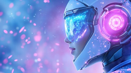 Futuristic woman in cybernetic helmet amidst neon lights