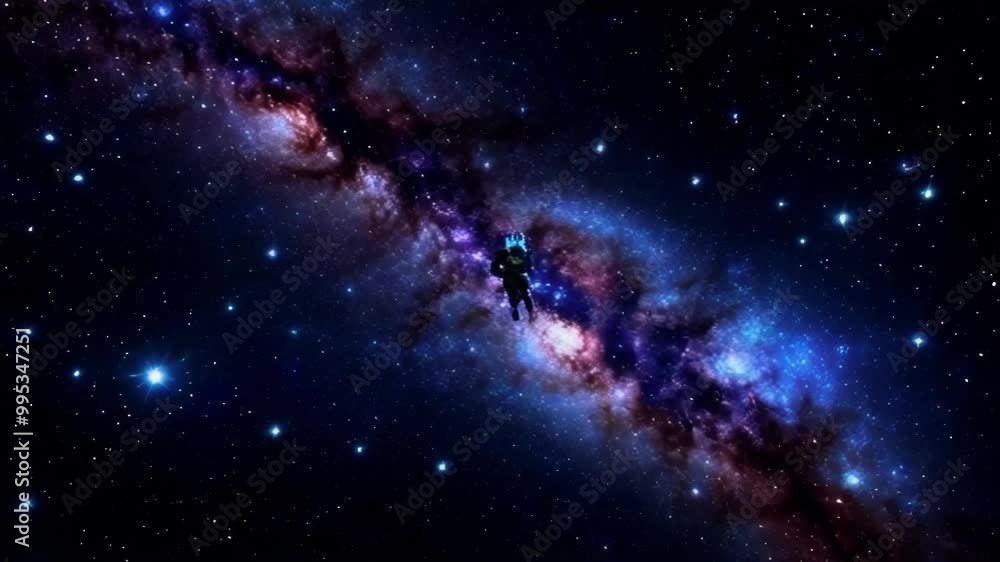 Poster silhouette of an astronaut floating in space against a background of a galaxy.. ai generation