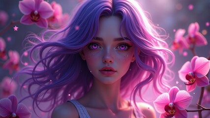 a girl with purple hair and pink hair has purple eyes and pink hair.