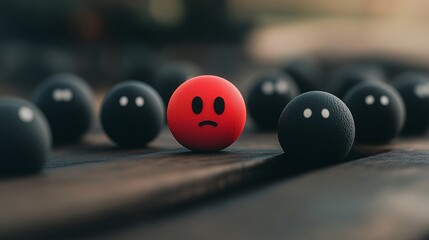 Red Ball Among Black Balls on Wooden Surface