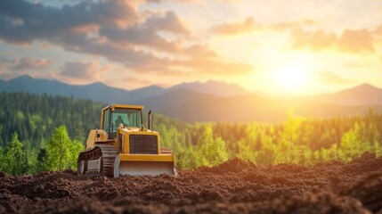 Fototapeta premium Bulldozer on Construction Site at Sunset