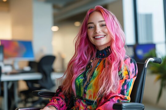 Smiling woman with pink hair in colorful outfit in modern office