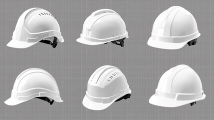 Various styles of white hard hats on a gray background for construction safety measures
