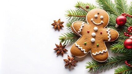 Delicious gingerbread cookie with festive decorations on white background