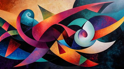 Intricate contemporary abstract art with sharp details and vibrant geometric shapes blending with organic forms