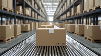 A perspective view of a warehouse with shelves filled with box pallets, highlighting a single package on a conveyor belt.