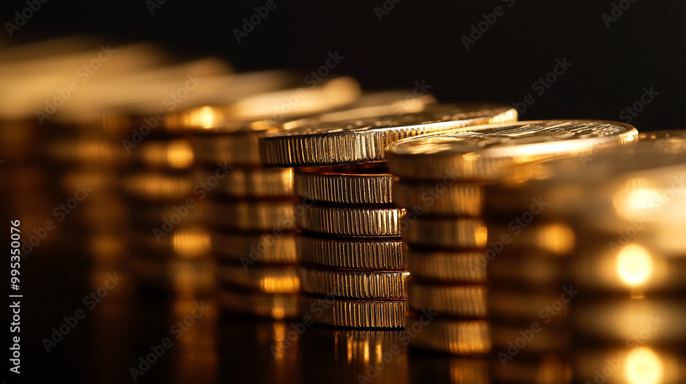 Poster stacked golden coins glimmering under soft light on a dark surface in a close-up view