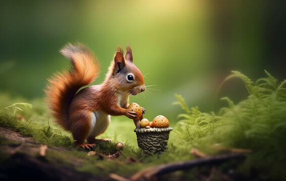 a squirrel in the forest holding a nut, cute - Powered by Adobe