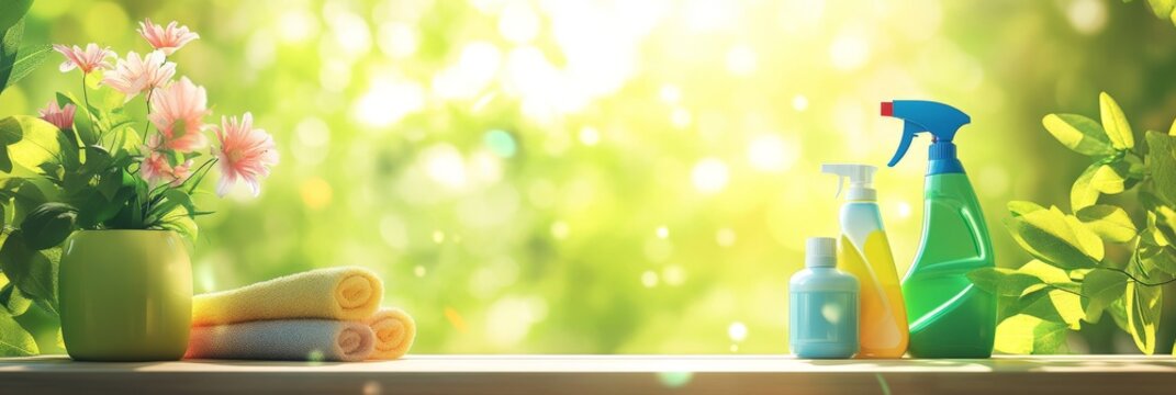Spring cleaning essentials on sunlit table with fresh flowers and cleaning supplies