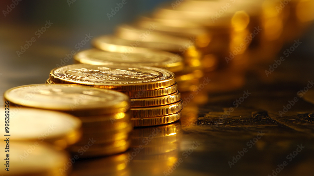 Poster stacked gold coins arranged in a row on a shiny surface reflecting soft light indoors