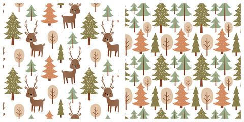 Fototapeta premium Autumn forest seamless pattern set. Scandinavian style. Hand drawn design for print, paper, design, fabric, gift wrap, decoration, background. Vector illustration.