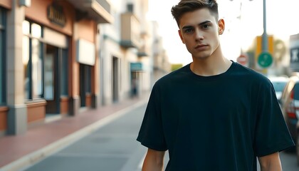 Fototapeta premium This high-resolution mockup showcases a young male model wearing a black t-shirt