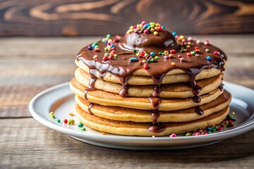 Delicious stack of pancakes with chocolate topping and sprinkles