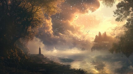 Naklejka premium A lone figure standing on a stone path overlooking a misty river and a distant golden forest under a sky full of stars.