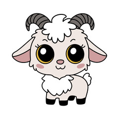 Zodiac Chinese goat animal of New Year sign icon. Asian kawaii cute style isolated illustration of mascot nanny. Adorable ivory yeanling with big eyes stay and smiling on the white background.