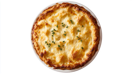 Creamy potato gratin with crispy topping and fresh thyme served in a round dish