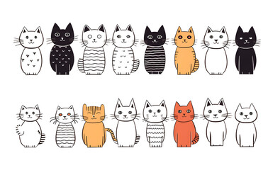 Set of cute line drawing cat illustrations