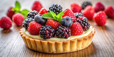 Delicious treat topped with raspberries and blackberries