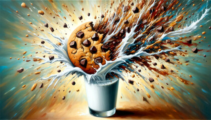 Pläzchen mit Schokostücken fallen in Milch. 