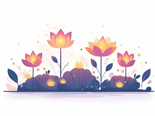 Vector Illustration of Flat Loy Krathong with Floating Fireflies - Capturing the Enchanting Festival Essence in a Simple Design