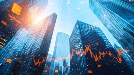 Real estate, development and investing concept with financial chart indicators and stock market graphs on city skyscrapers tops bottom view, double exposure