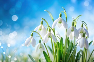 Depth of Field Snowdrops flowers on light blue sky soft focused background