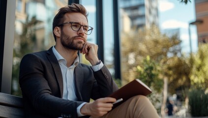 Thoughtful young man in glasses with notebook contemplating outdoors