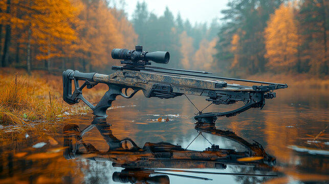 Modern camouflage crossbow is standing in water reflecting the orange colors of autumn trees