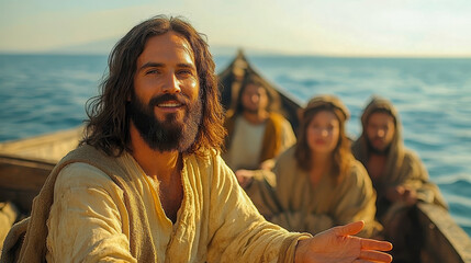 Jesus christ smiles and gestures with an open hand while on a boat with his followers