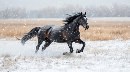 Fototapeta premium A black horse galloping through a snowy landscape amid falling snowflakes.