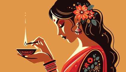 indian woman with a diya candle diwali celebration flat design illustration