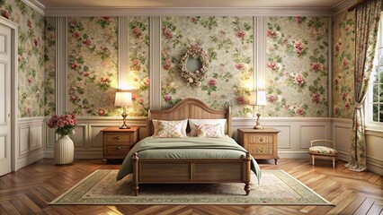 description: High angle view of an elegant bedroom featuring floral wallpaper and vintage furniture