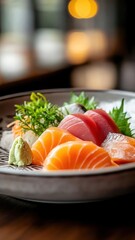 Close-up sashimi dish with vibrant colors, tuna, salmon, yellowtail slices on a decorative plate with artistic arrangement.