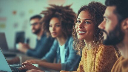 Obraz premium Diverse Team Collaborating on Project in Modern Workspace