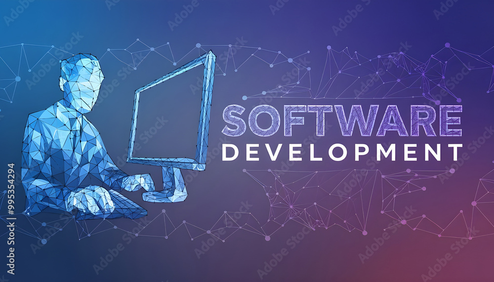 Poster computer technology low poly wireframe banner vector template. software development, freelance poste