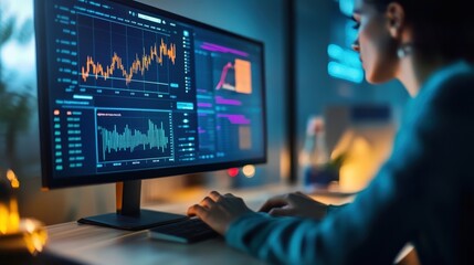 Female Analyst Working on Financial Data Visualization and Market Trends on Computer Screen