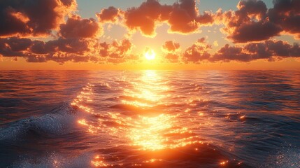 Obraz premium Serene sunset over ocean waves reflecting golden light.