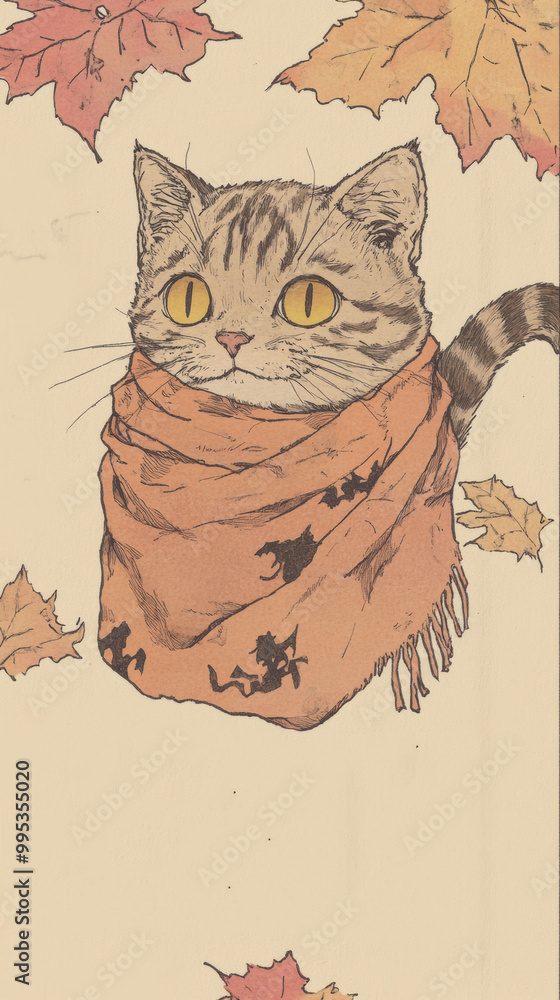 Wall mural A drawing of a cat wearing a scarf