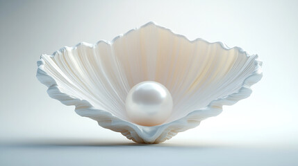 A lustrous pearl resting delicately in a beautifully shaped shell on a light background