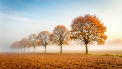 Fototapeta premium Desolate autumn landscape with row of trees engulfed in thick fog