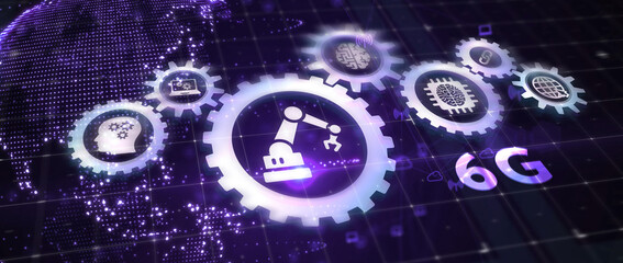 Obraz premium The concept of 6G network, high-speed mobile Internet, new generation networks. Business, modern technology, internet and networking concept. 3d illustration